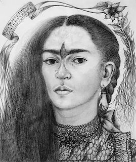 Pencil drawing portrait of Frida Kahlo with unibrow, floral hair adornments, and traditional necklace