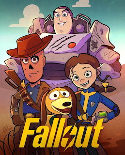 Cartoon poster with a space ranger, cowboy, girl, dog, and large Fallout text