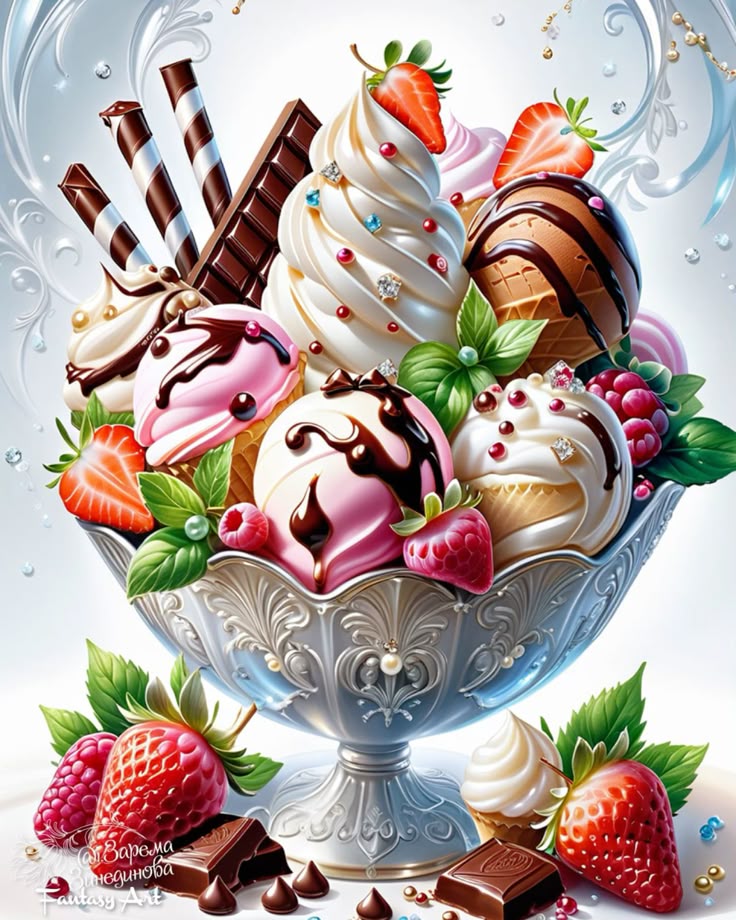Ornate silver bowl overflowing with scoops of ice cream, whipped cream, chocolate sauce, strawberries, raspberries, and wafer rolls