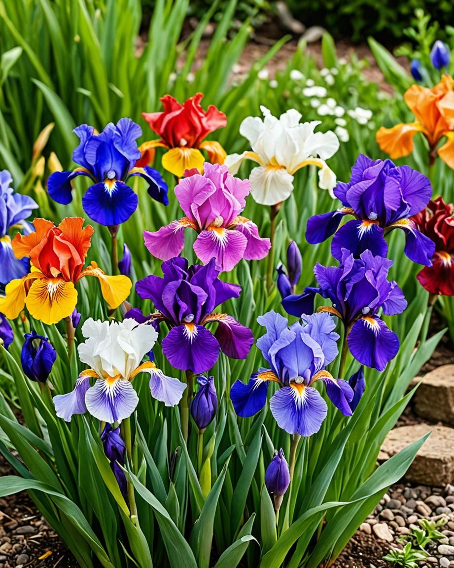 Colorful iris flowers blooming in a garden bed with green leaves