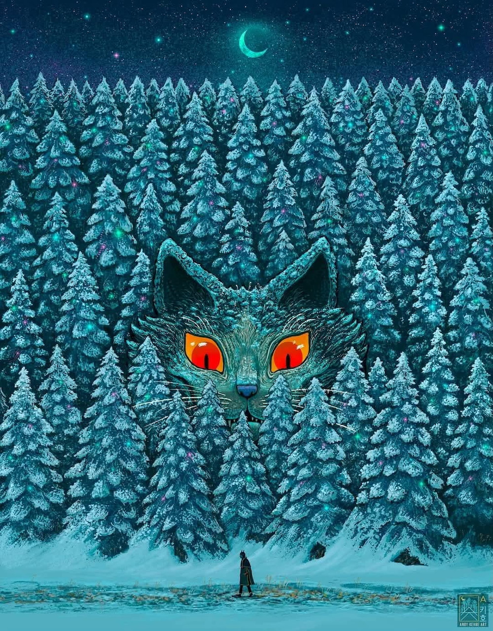Giant cat with glowing eyes above a snowy pine forest at night with a small figure below