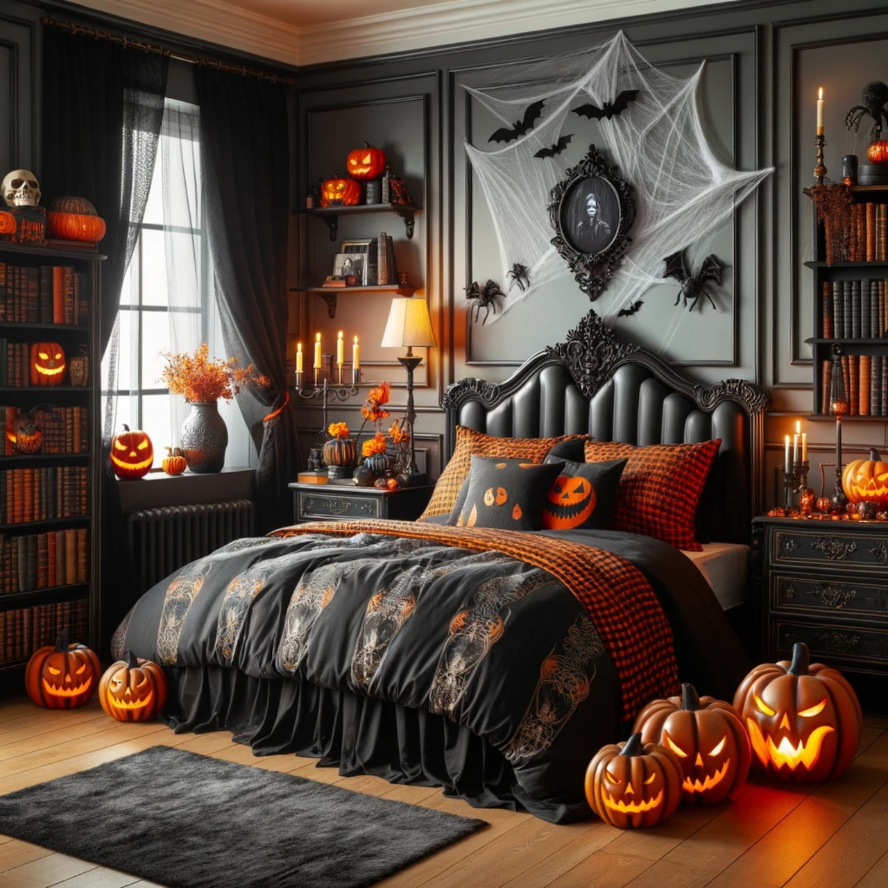 Halloween-themed bedroom with pumpkins, spider webs, candles, and orange and black decor