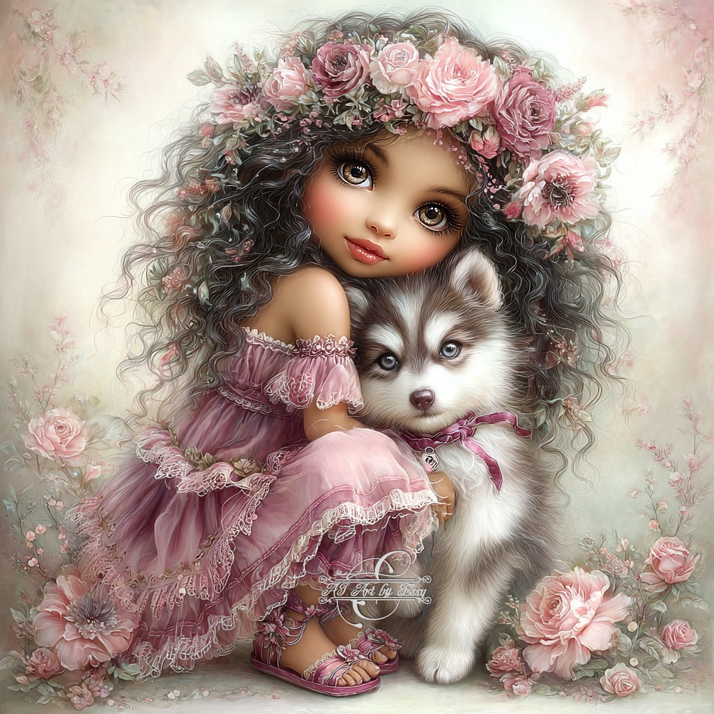 Whimsical illustration of girl in pink dress with flower crown holding white husky puppy among roses
