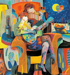 Cubist painting of woman with guitar, wine glass, white cat, and bottles in colorful geometric interior