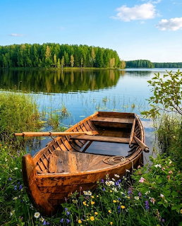 Wooden rowing boat on a grassy lakeshore with wildflowers, calm lake and forest in background