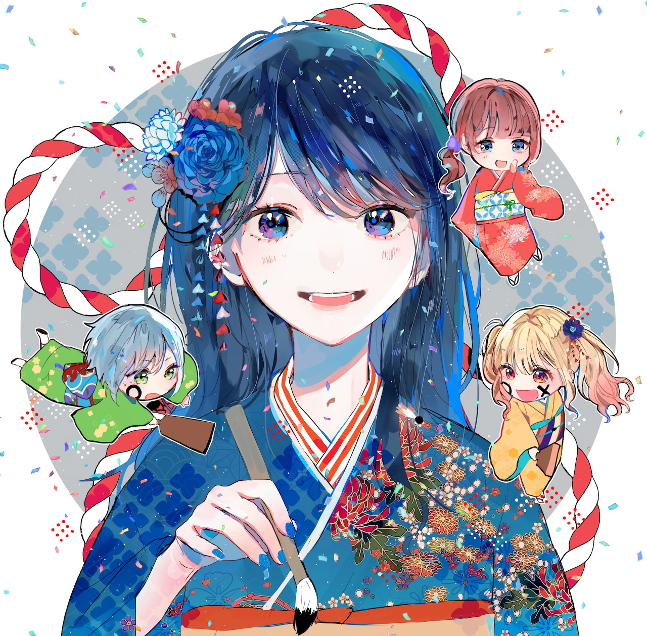 Anime girl in a blue floral kimono with chibi characters and festive red-and-white decorations