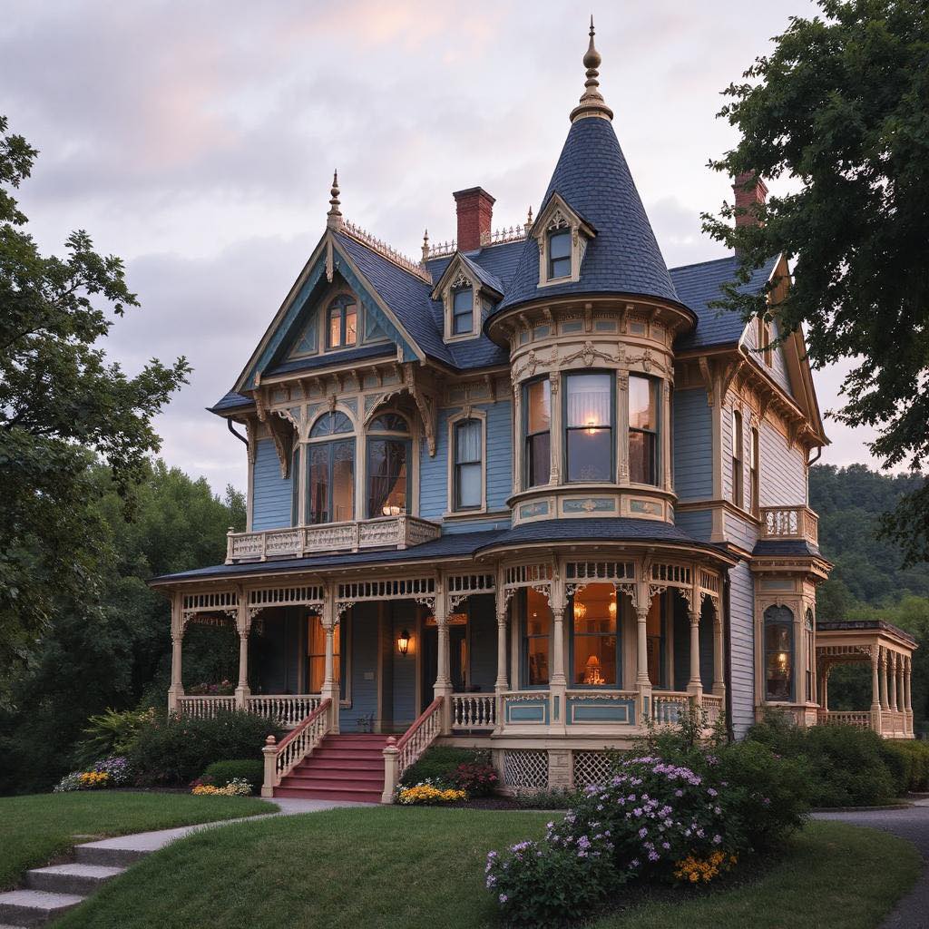 Grand Victorian house with turret and porch on lawn at dusk
