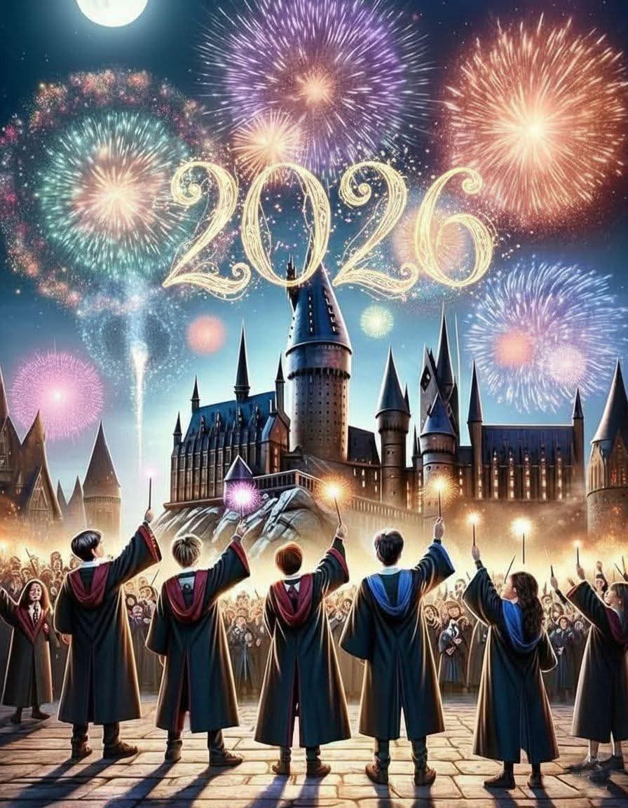 Robed wizards raising wands toward fireworks and '2026' sign over a fantasy castle at night