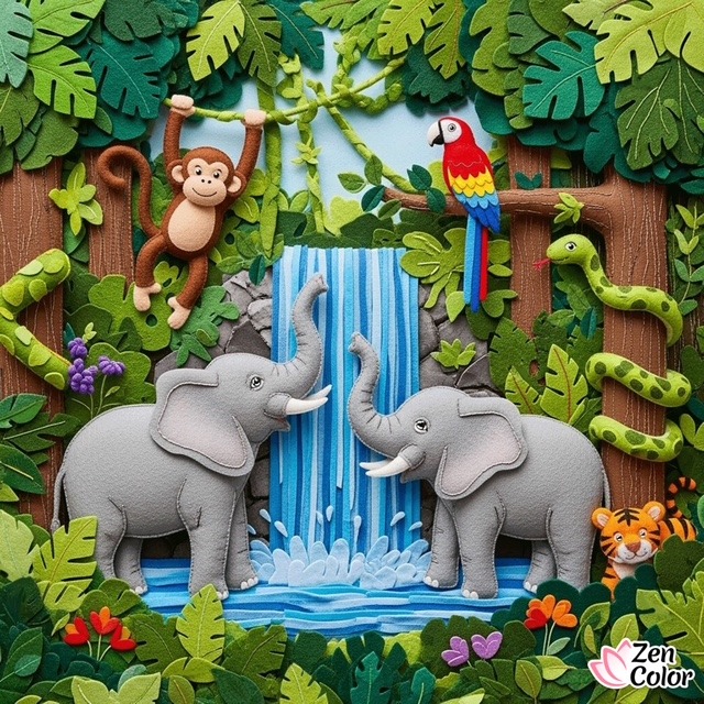 3D jungle scene with elephants by waterfall, monkey, parrot, tiger, and lush tropical plants
