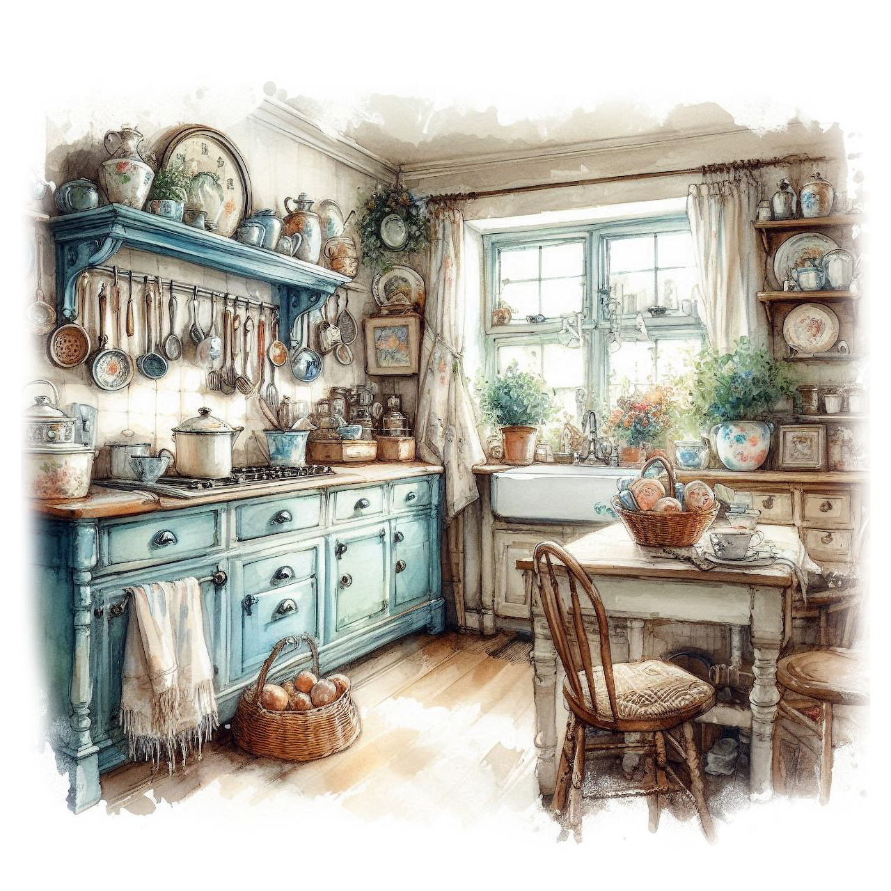 Watercolor illustration of a rustic country kitchen with turquoise cabinet and wooden furniture