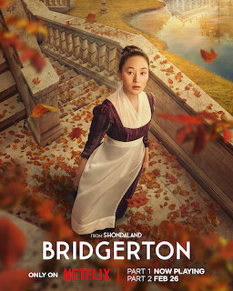 Poster of a woman in a Regency-style dress on an autumn leaf-covered staircase