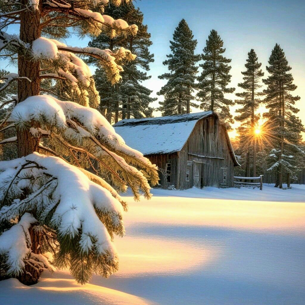Snowy Barn Sunrise