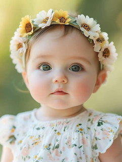Close-up portrait of baby with blue eyes wearing white and peach flower crown headband
