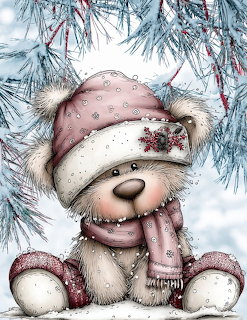 Cute illustrated bear wearing pink knit hat and scarf under frosted pine branches