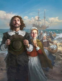Painting of Pilgrims landing on a rocky beach with a ship in the sea behind them