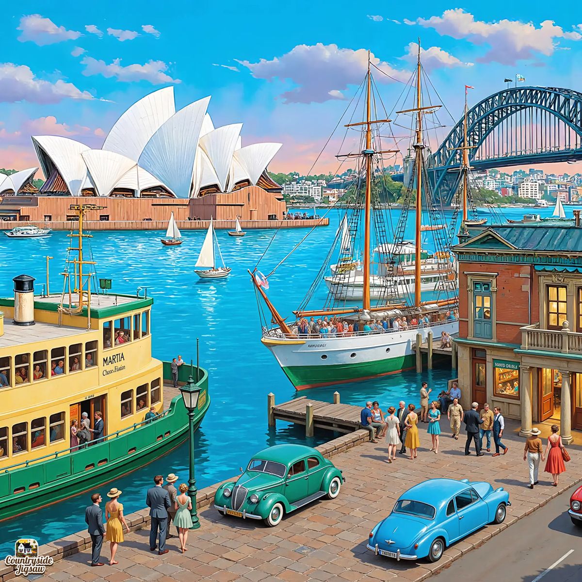 Painting of Sydney Harbour with the Opera House, Harbour Bridge, boats, cars, and people on the waterfront