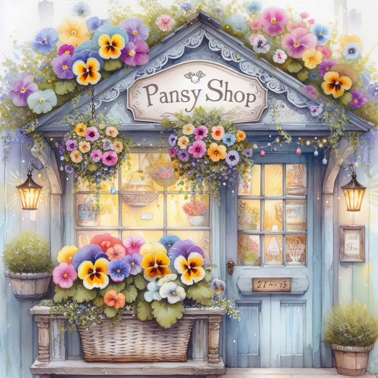 Quaint blue flower shop cottage decorated with vibrant pansies and warm glowing windows