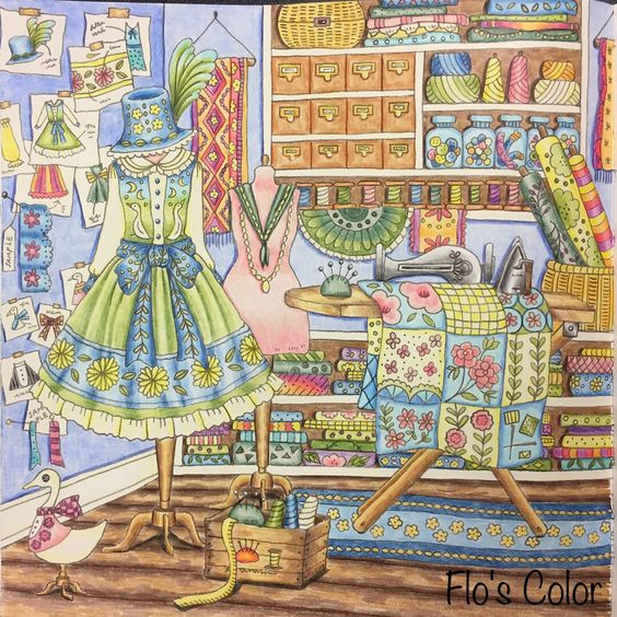 Watercolor illustration of cozy sewing shop with dress form, fabric bolts, thread spools, and craft supplies