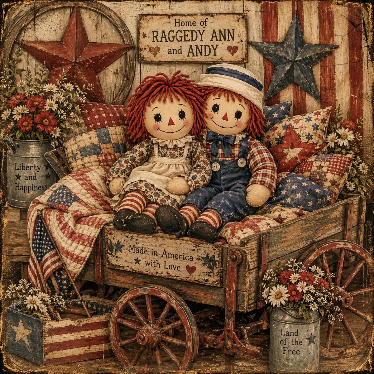 Vintage illustration of Raggedy Ann and Andy dolls in a wooden wagon with quilts, flowers, and Americana decor