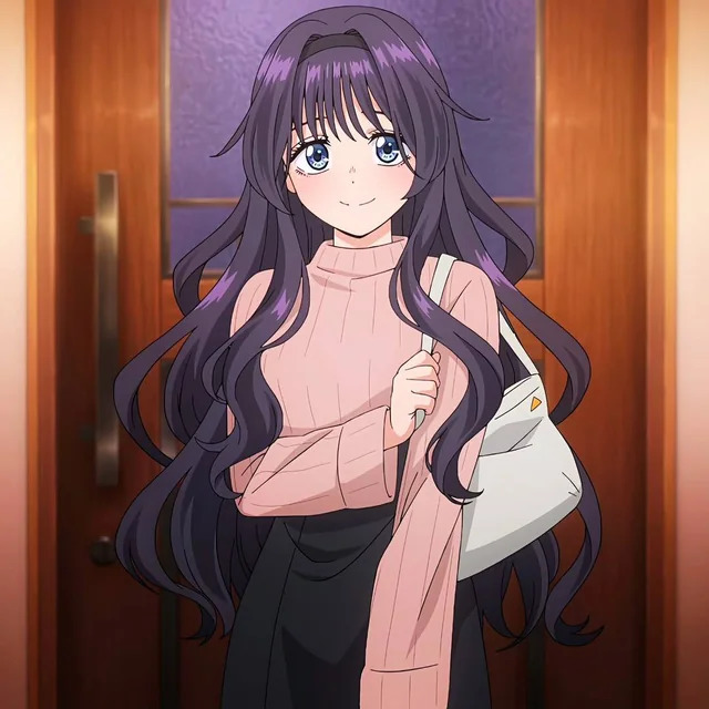 Anime girl with long purple hair in pink sweater indoors