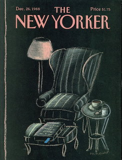 Illustration of a striped armchair with a lamp, footstool, and small table with a teacup.
