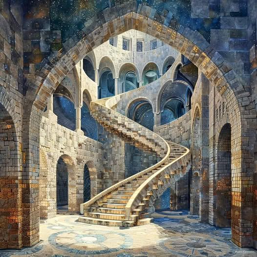 Fantasy illustration of spiral staircase in stone archway with cosmic sky background