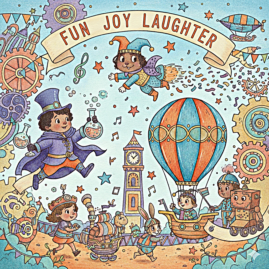 Colorful cartoon of playful children with a hot air balloon, gears, stars, and a Fun Joy Laughter banner