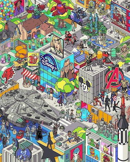 Colorful isometric pixel art city with buildings, streets, people, and various urban structures