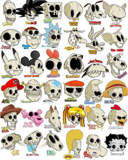 Collage of cartoon character skulls depicting skeletal versions of famous animated characters on white background