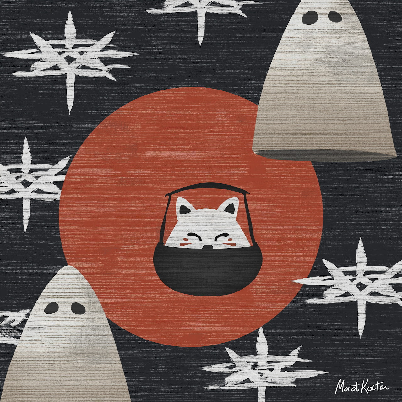 Cartoon Halloween scene with white cat in witch hat, orange moon, ghosts and stars on dark background