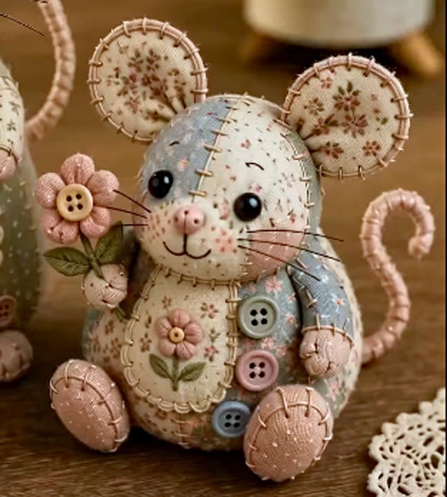 Handmade stuffed mouse toy with stitched details