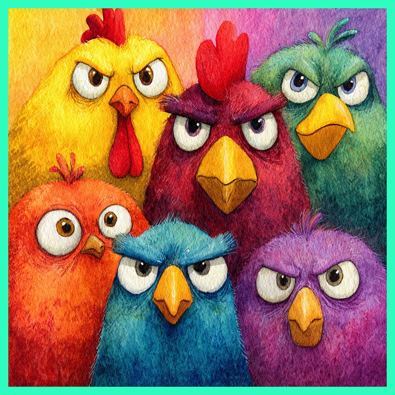 Six colorful cartoon birds with angry expressions in bright red, yellow, blue, purple and orange colors