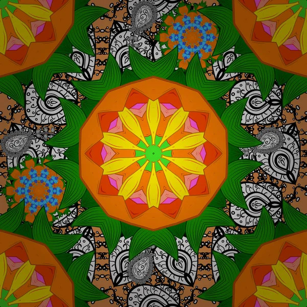 Symmetrical mandala with elephants and geometric patterns in orange, yellow, and green