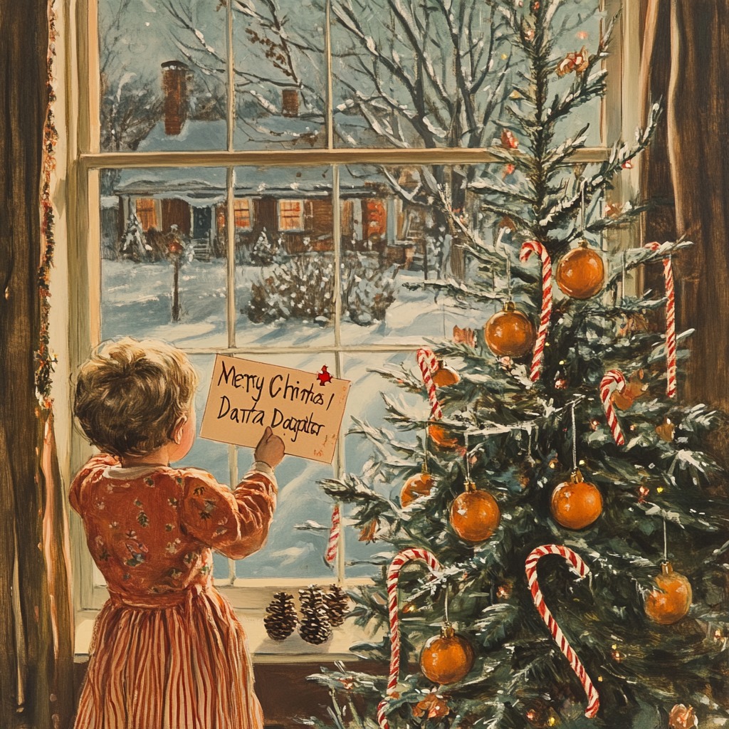 Child looking out window at snowy street with decorated Christmas tree beside them