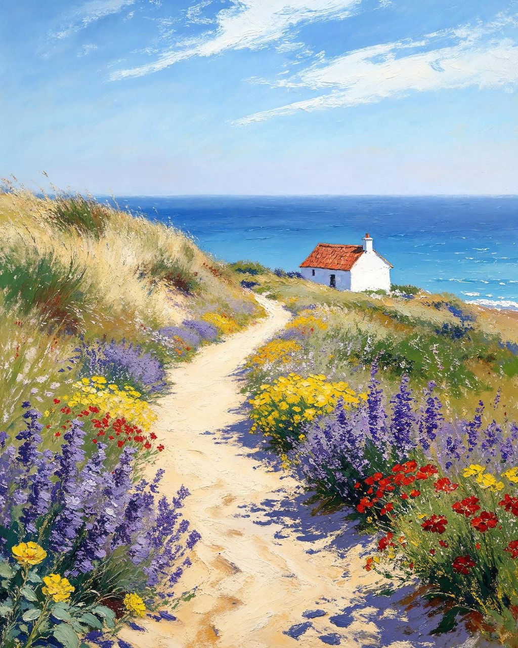 Oil painting of coastal cottage with wildflower-lined sandy path leading to blue ocean