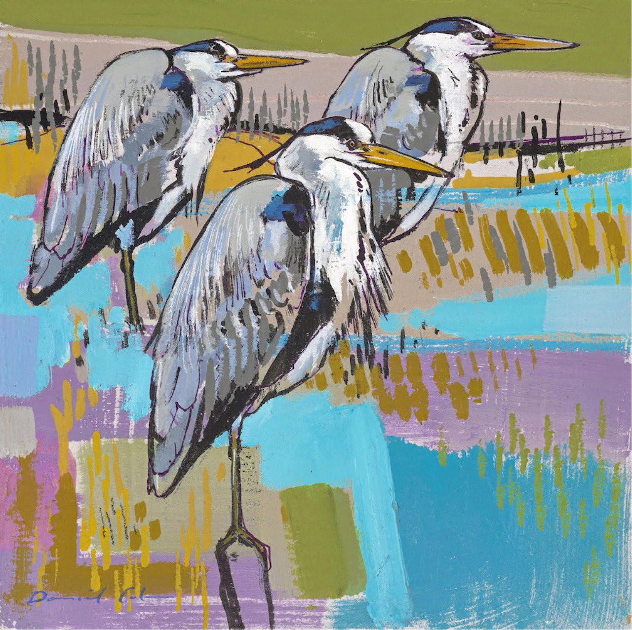Painting of three herons in a colorful abstract marsh scene