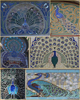 Collage of six Art Nouveau peacock mosaic and tile artworks with colorful feather patterns