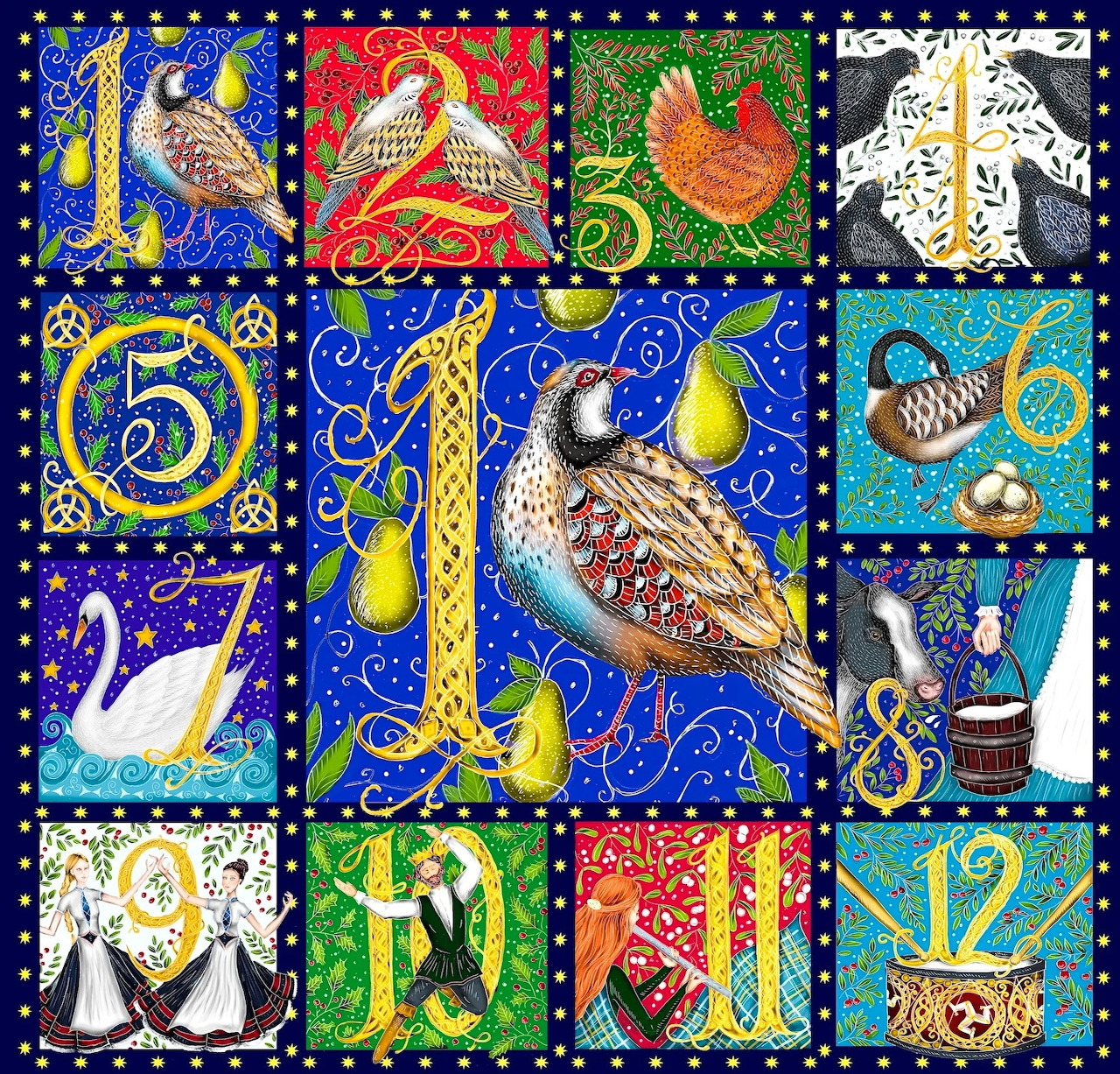 Twelve decorative panels illustrating the twelve days of Christmas with partridges, doves, hens, and golden rings