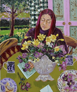 Painting of woman with red hair at table with flower vase and decorative plates