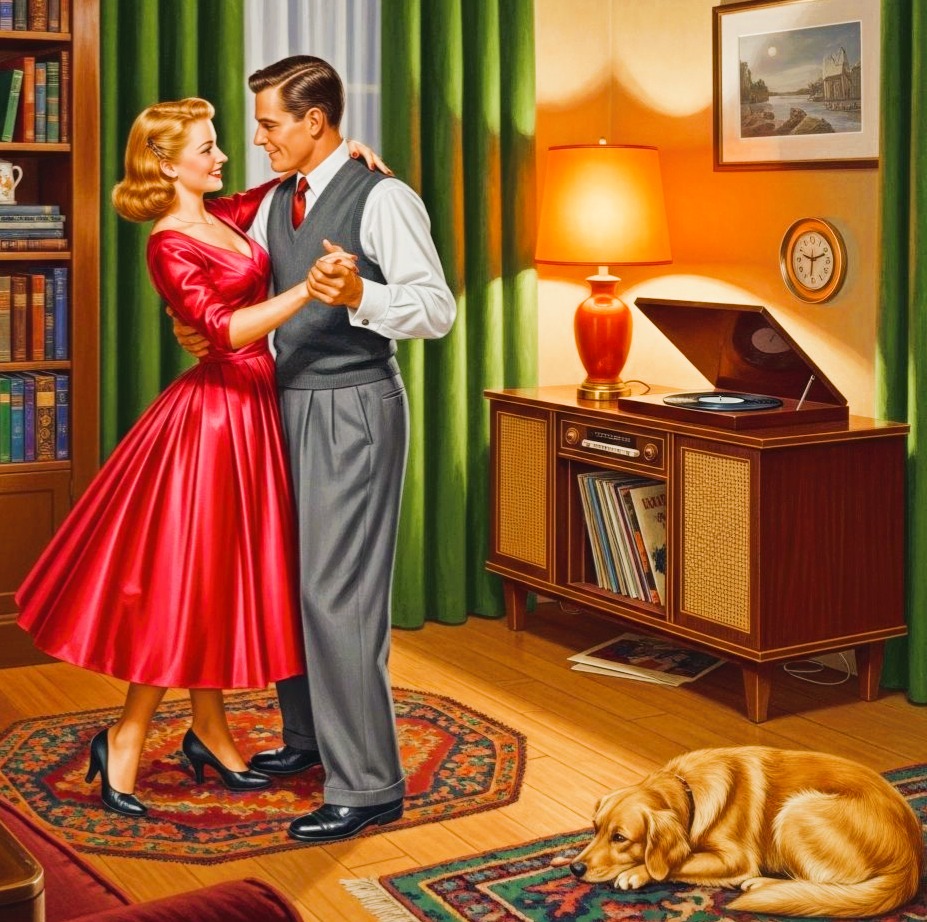 Couple in retro clothing dancing indoors while a golden dog lies on a patterned rug near a vintage record player