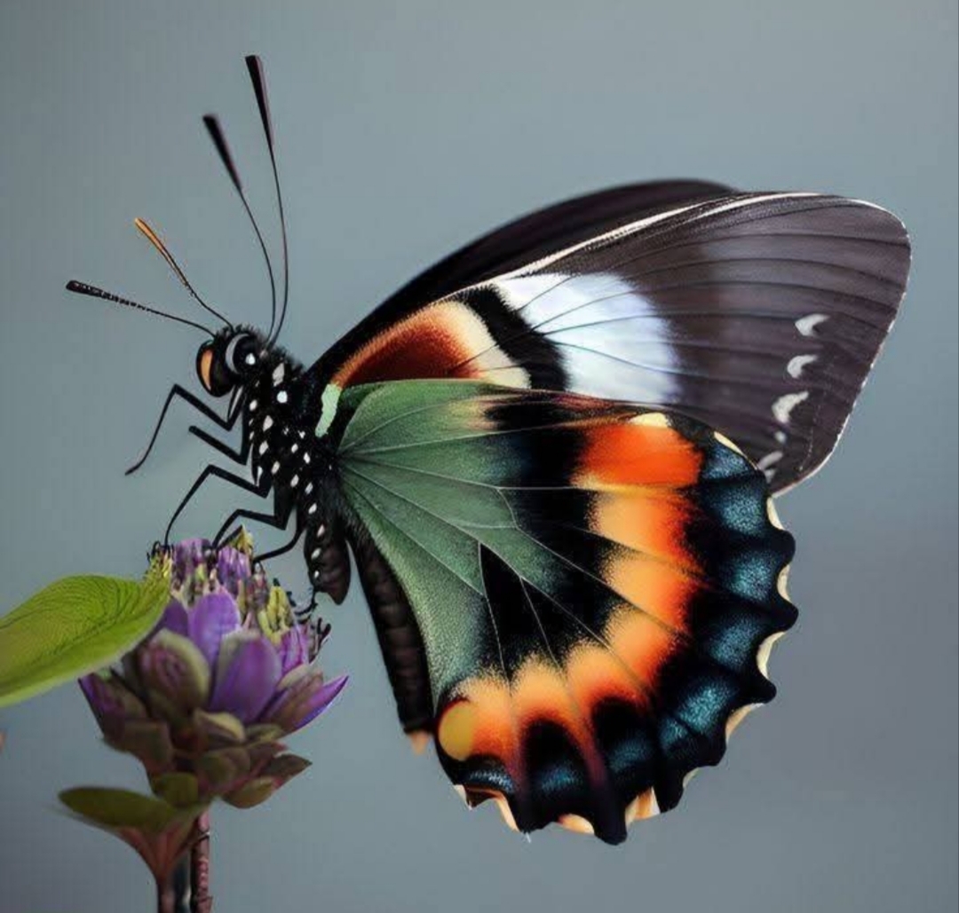Colorful butterfly resting on a purple flower against a gray background