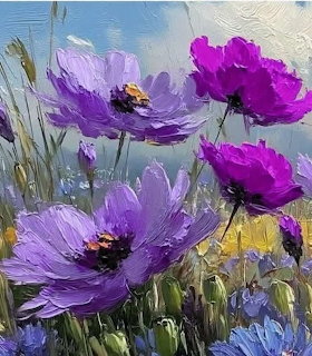 Impressionist oil painting of purple cosmos flowers with thick impasto brushwork