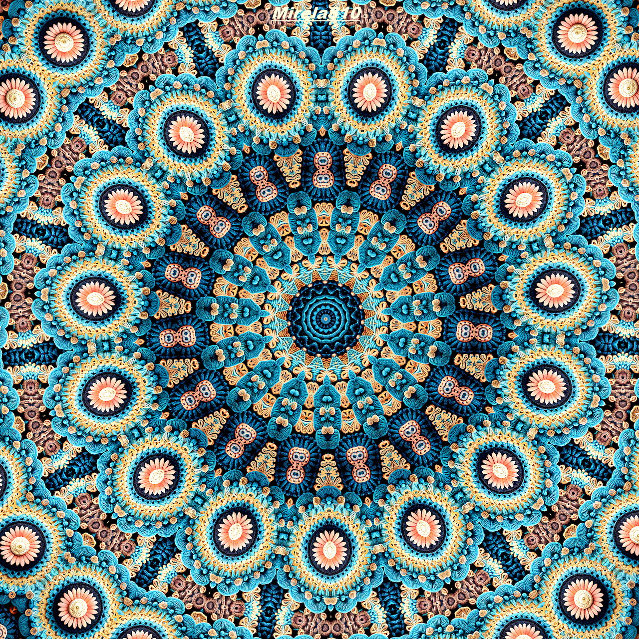 Detailed turquoise and coral mandala with symmetrical geometric patterns and circular motifs