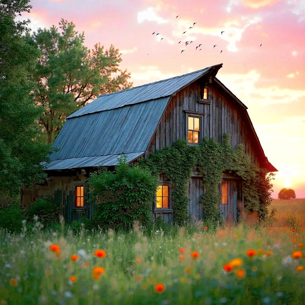 Old wooden barn with lit windows in a wildflower field at sunset