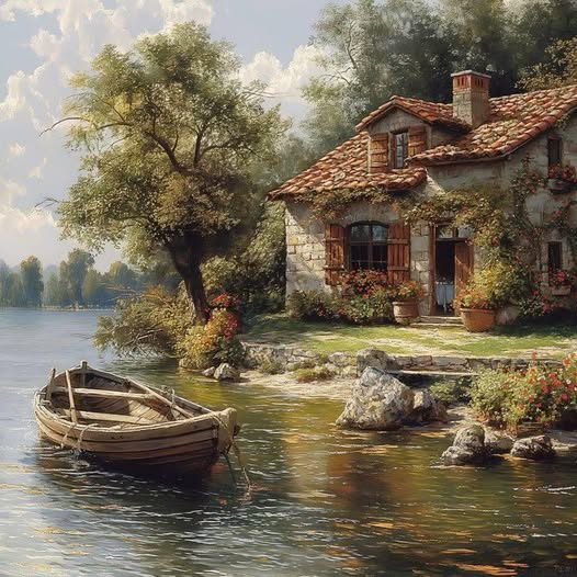 Painting of a stone cottage by a lake with a wooden boat and trees