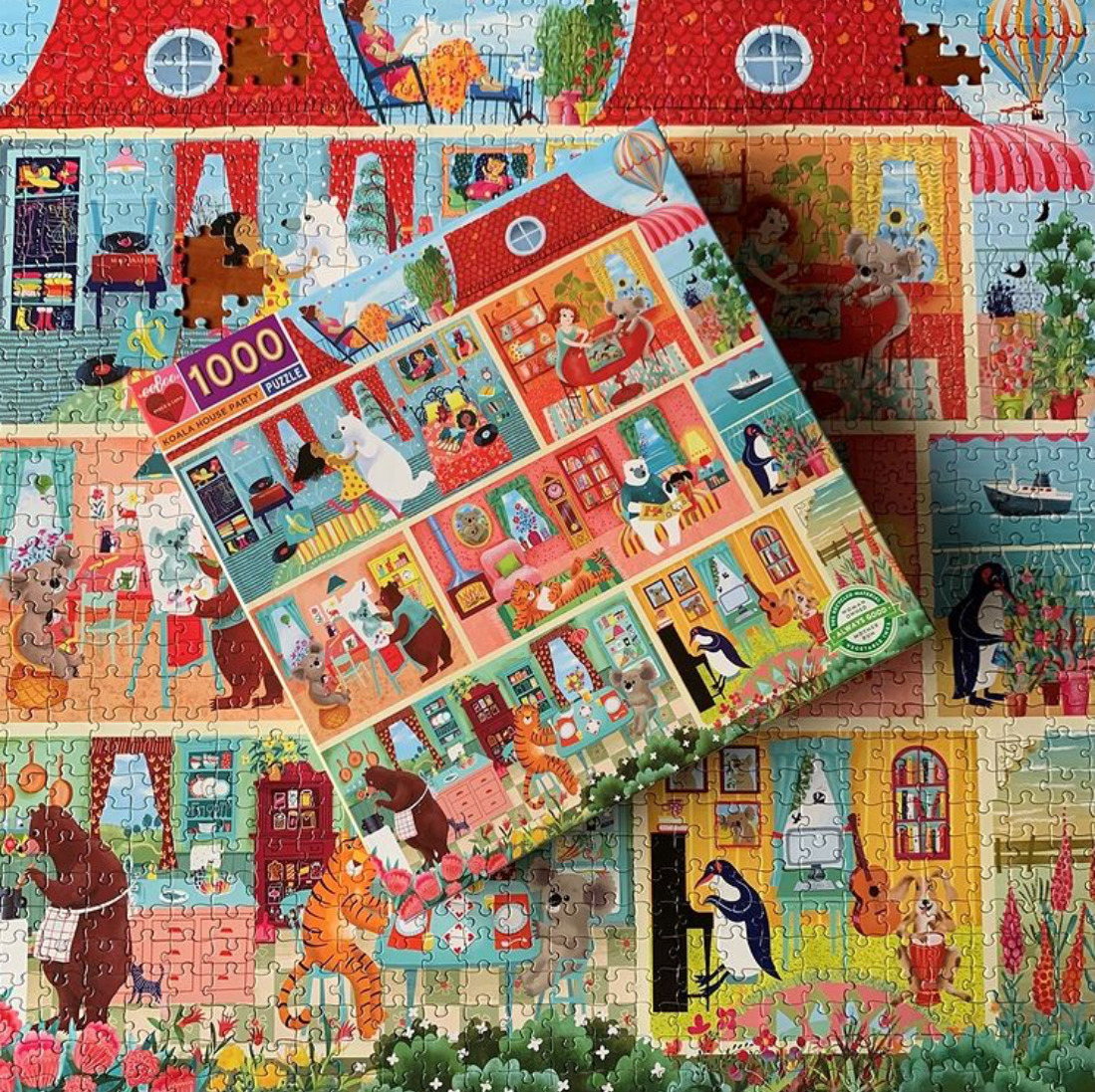 Colorful collage of illustrated jigsaw puzzle boxes with whimsical house and room scenes