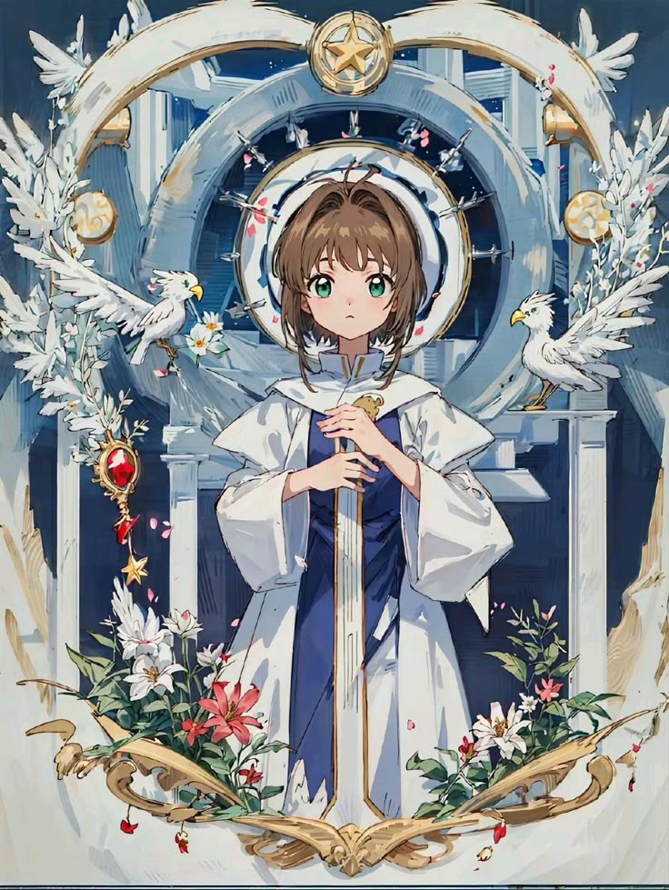 Cardcaptor Sakura anime girl in white ceremonial robe holding a staff, framed by doves and floral decorations