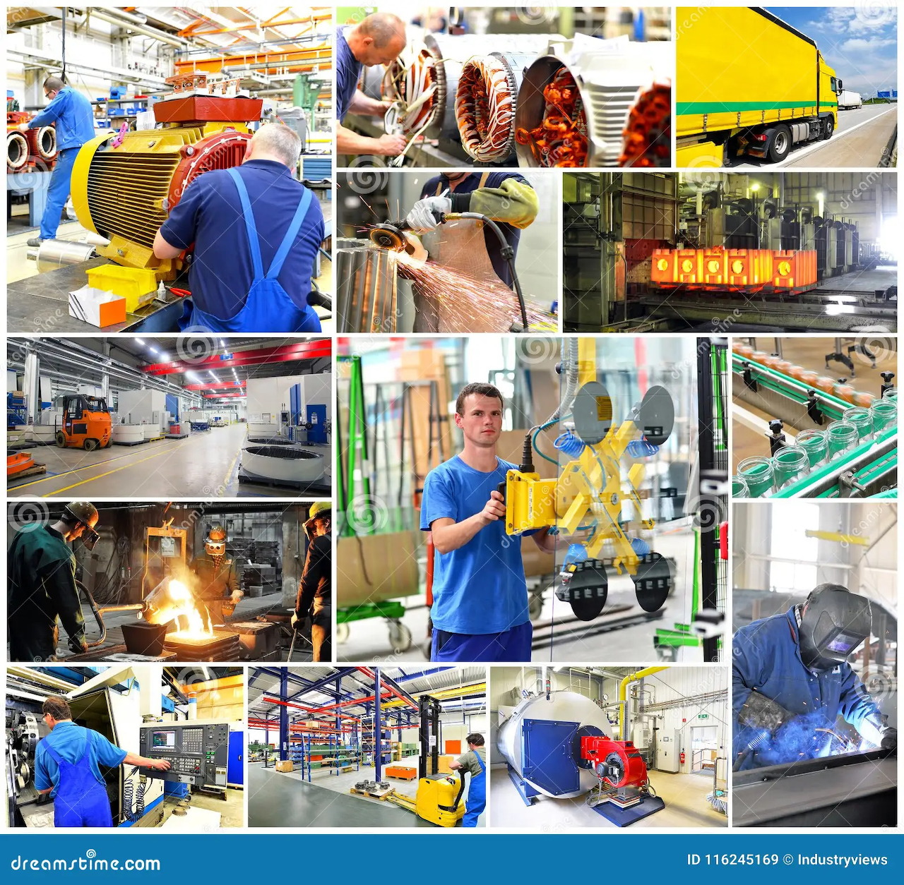 Collage of industrial factory scenes with workers, machinery, welding, cables, and warehouse equipment