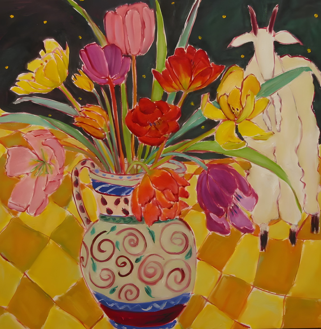 Colorful painting of flowers in a vase beside a white goat