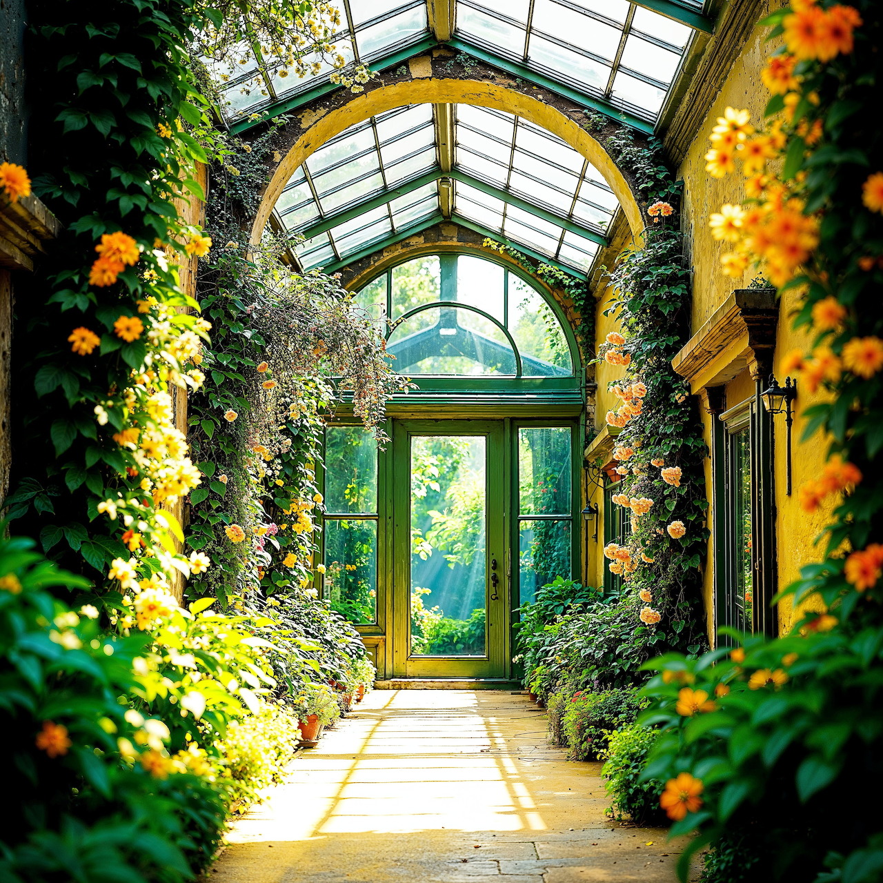 Sunlit greenhouse hallway with orange flowers and green vines under arched glass roof